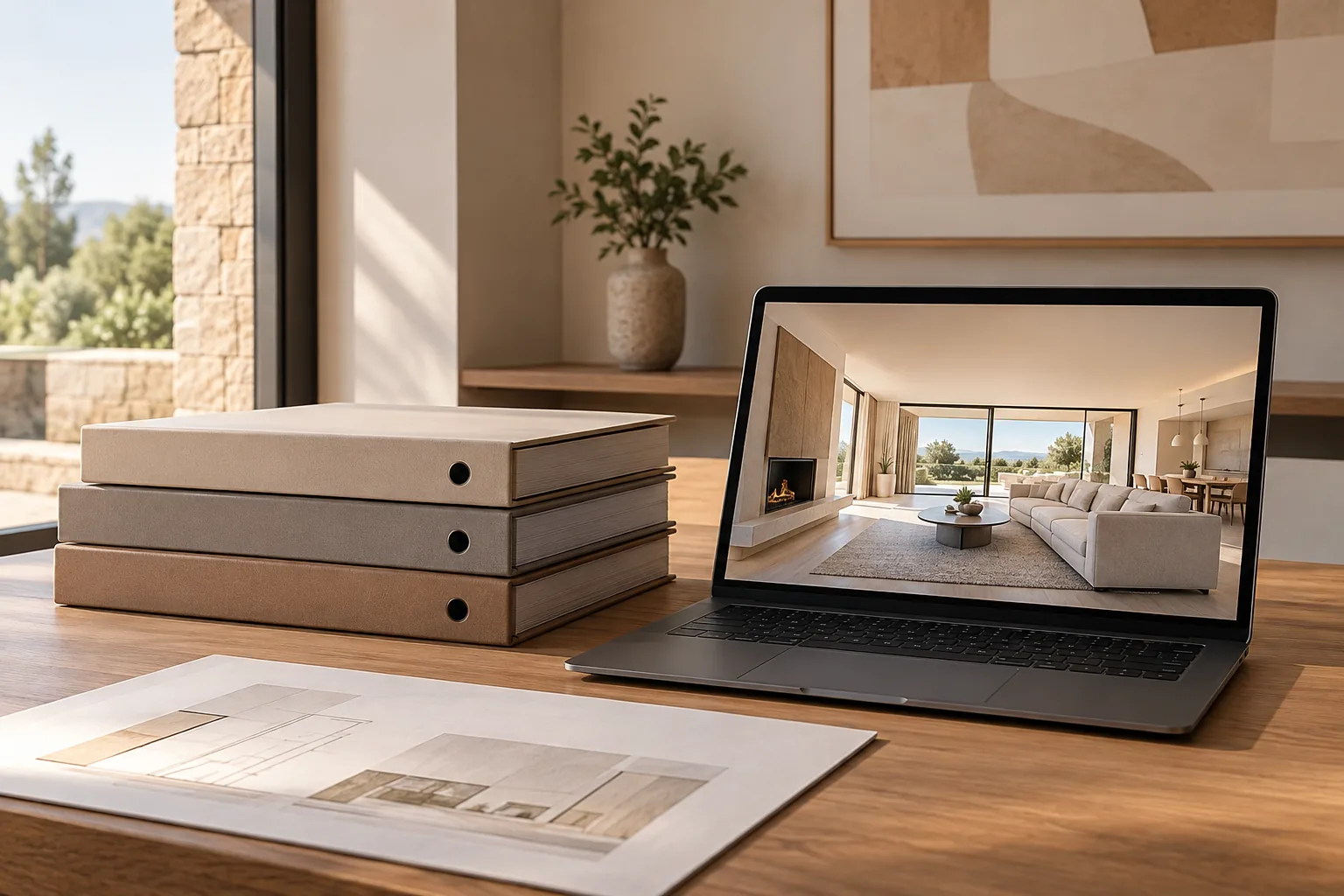 Tres carpetas de análisis ordenadas junto a una computadora con recorrido inmobiliario