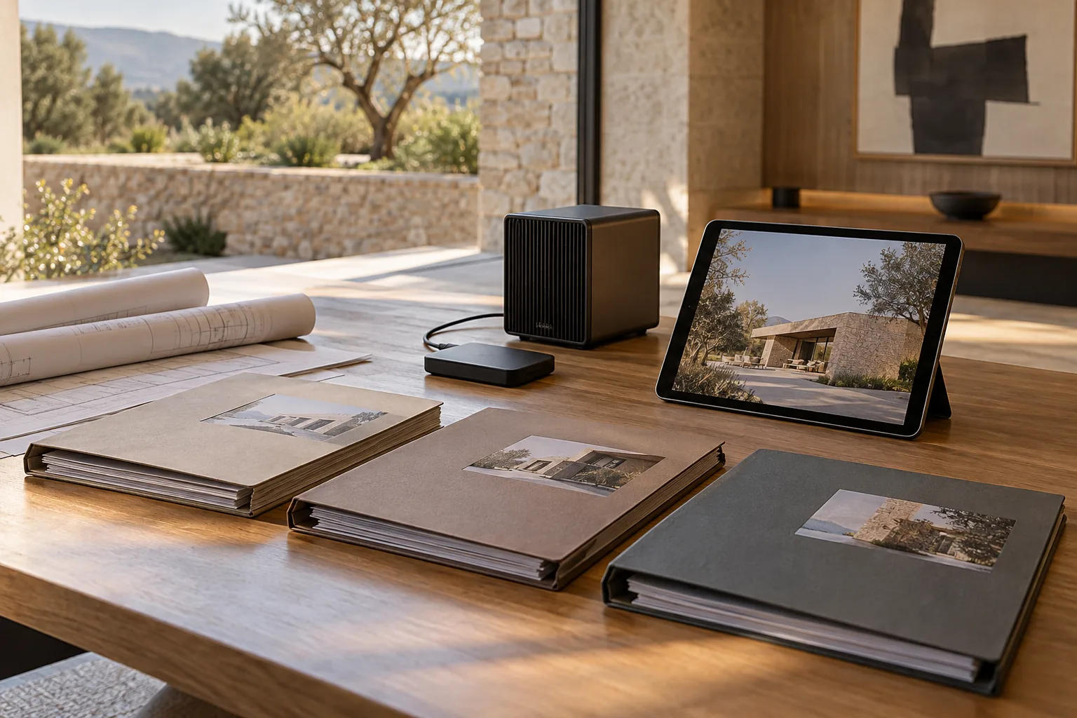 Carpetas de proyecto con un disco externo, un servidor compacto y una tableta
