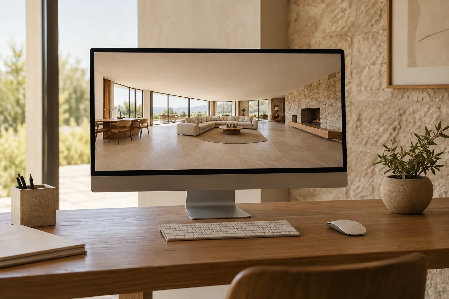Computadora con una sala panorámica y ratón sobre un escritorio de revisión