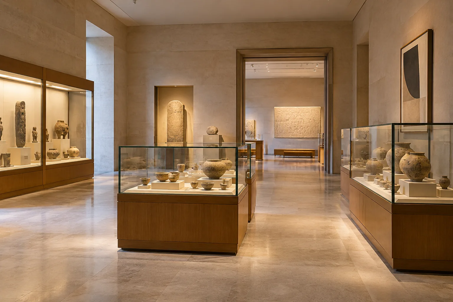 Sala de museo genérica con vitrinas, objetos didácticos y recorrido despejado