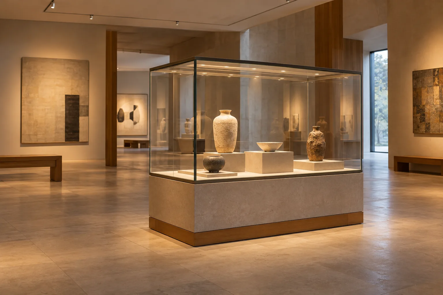Vitrina de museo con iluminación suave y espacio para observar alrededor