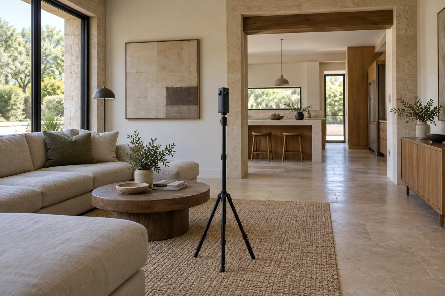 Cámara panorámica sobre trípode en una sala con acceso visible a la cocina