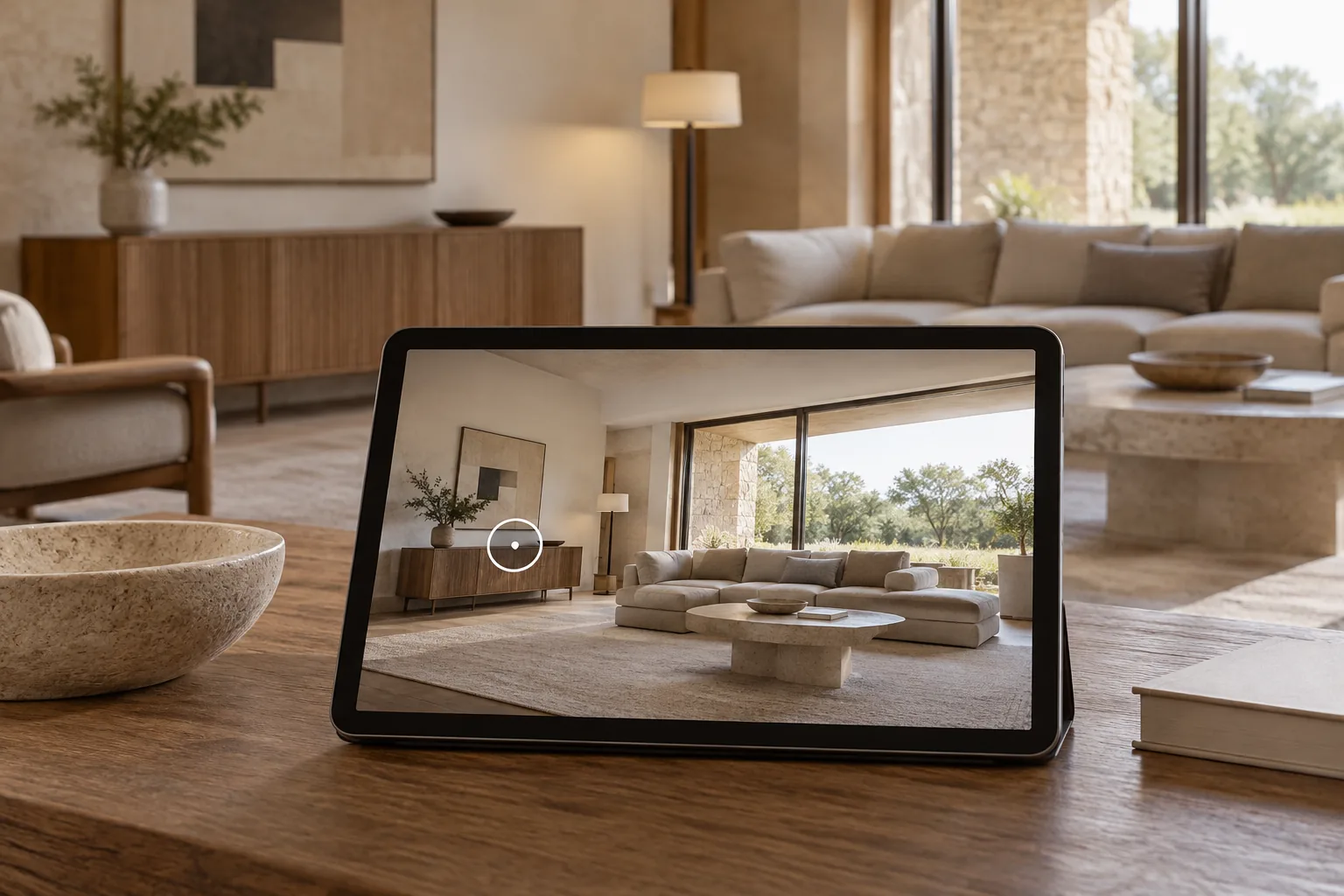 Tableta con una sala panorámica y un único punto circular discreto sobre una pieza de mobiliario