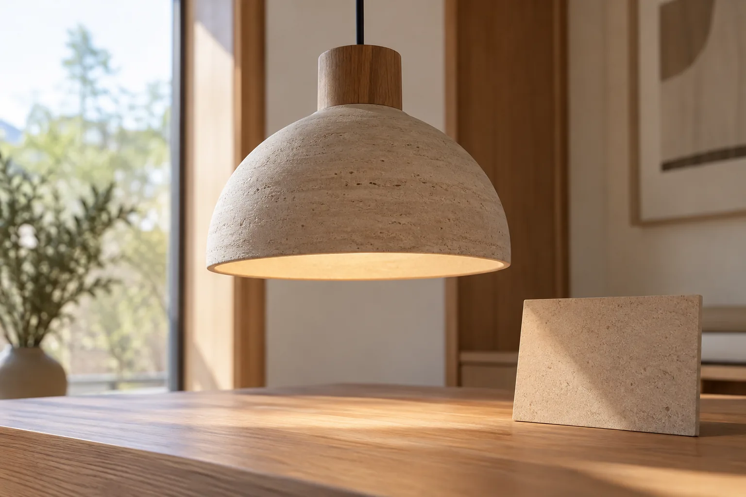 Detalle de una luminaria en una sala con una ficha de material física a su lado