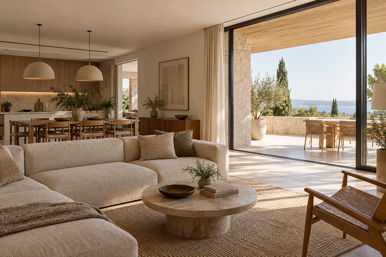 Vista interior que conecta sala, comedor y terraza con proporciones naturales