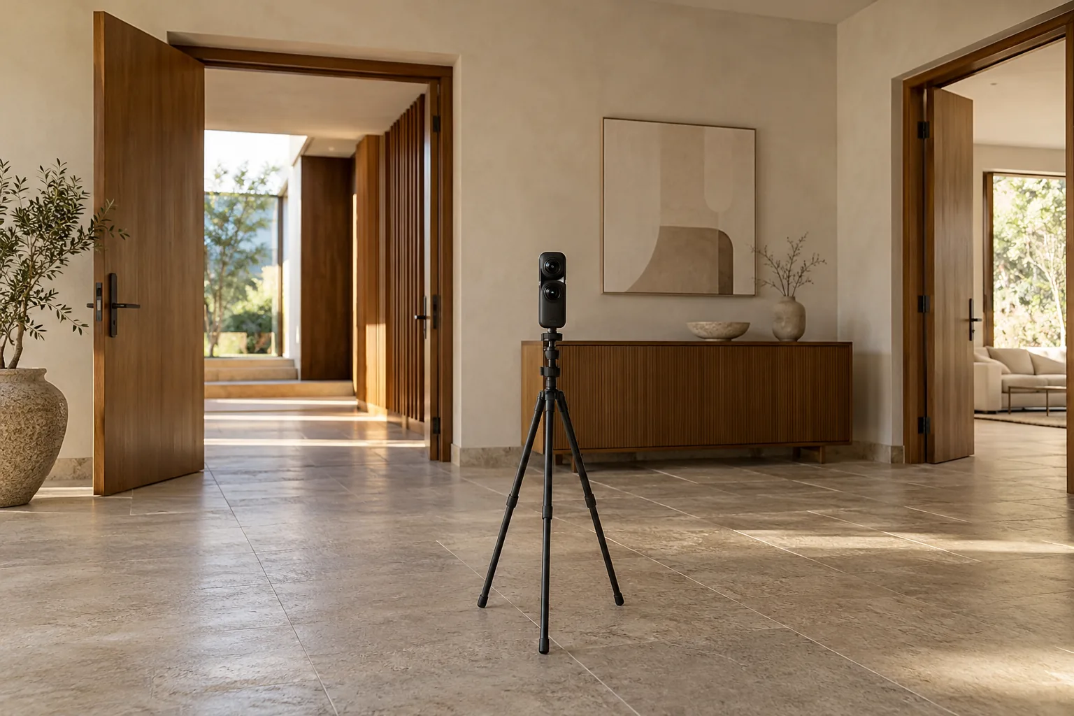 Cámara panorámica en una habitación preparada con puertas abiertas y paso libre