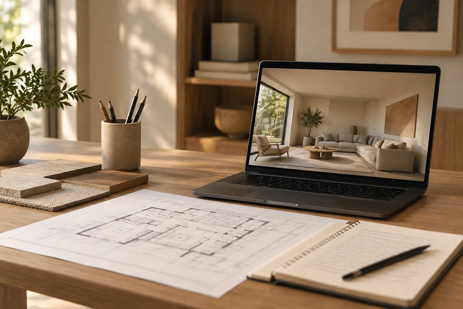Mesa de trabajo con plano, notas de seguimiento sin cifras y una pantalla con interior