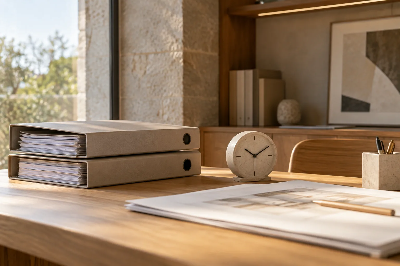 Carpetas de costos y seguimiento sin texto legible junto a un reloj de escritorio