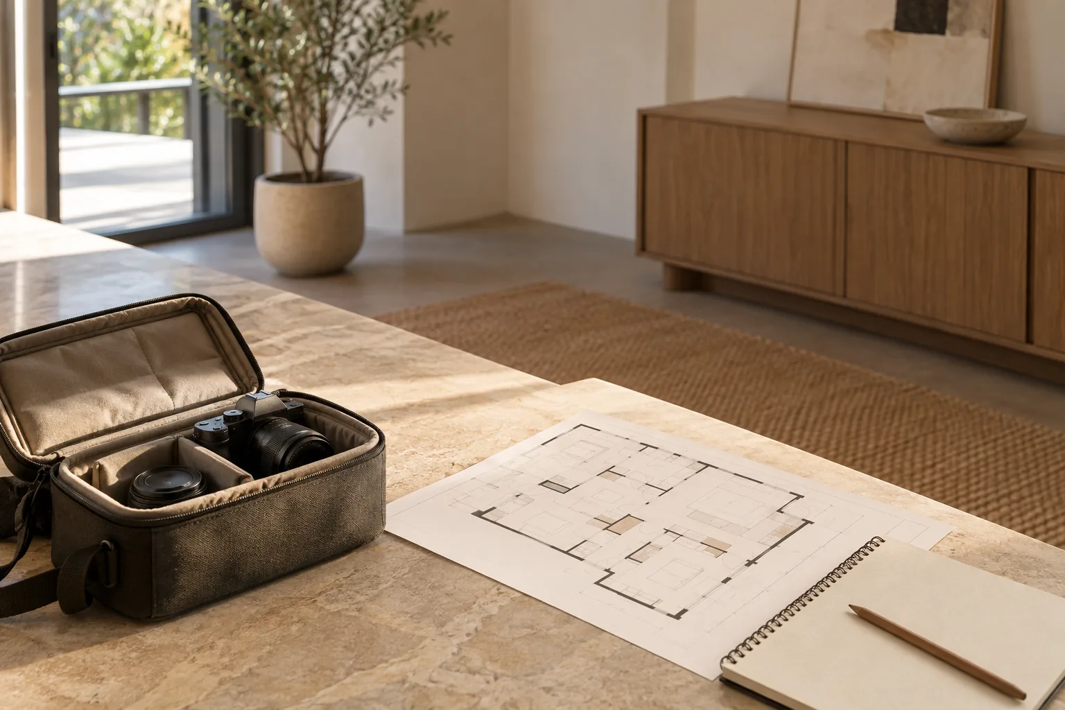 Cámara guardada en estuche junto a plano y libreta durante la preparación de una sala
