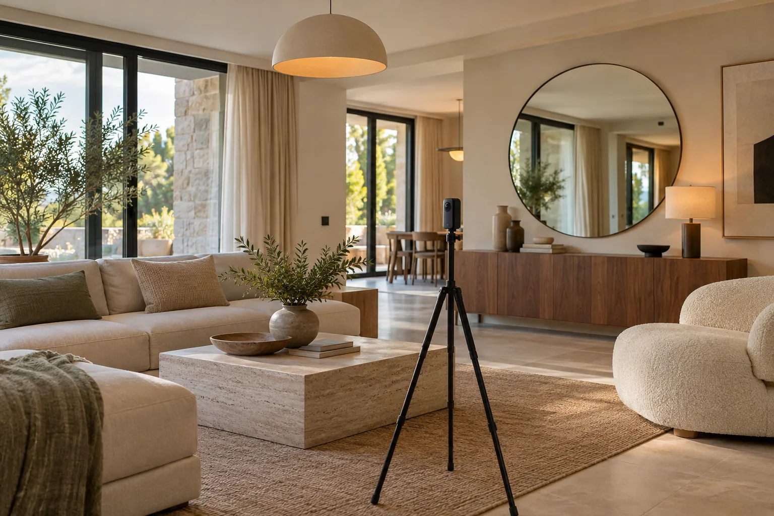 Vista de una sala con ventanas, espejos y luminarias visibles para planear la captura