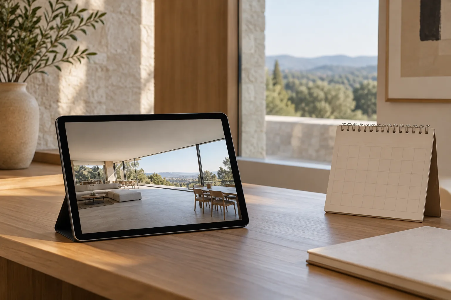 Tableta con una vista panorámica junto a un calendario de escritorio sin cifras legibles