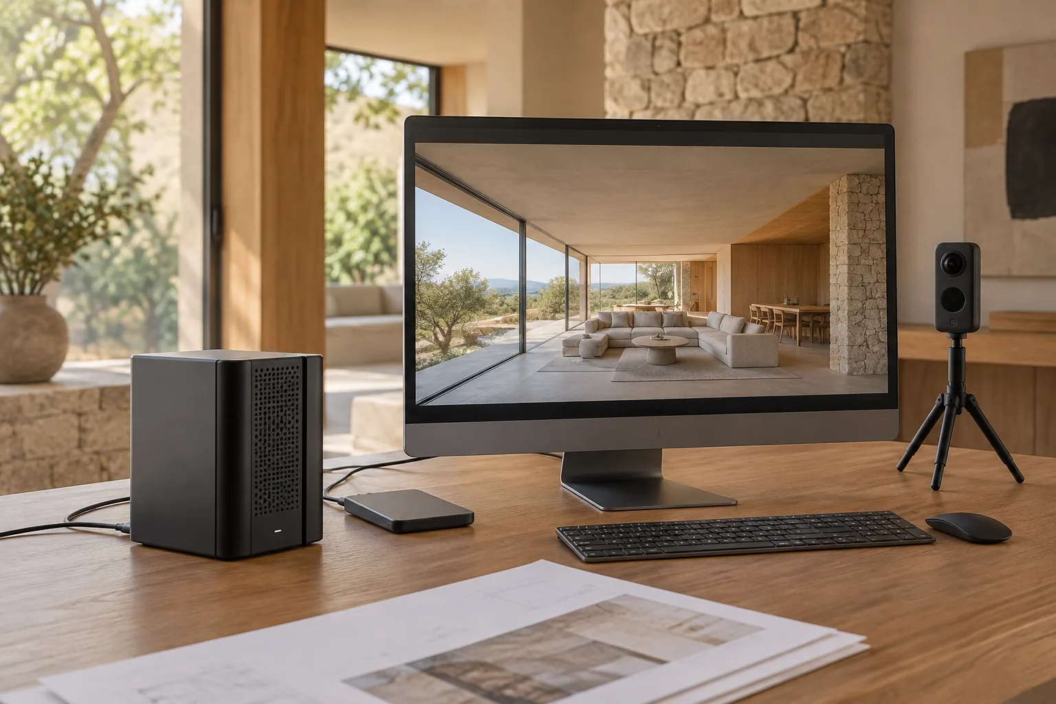 Servidor compacto y disco de respaldo conectados a una computadora con interior panorámico