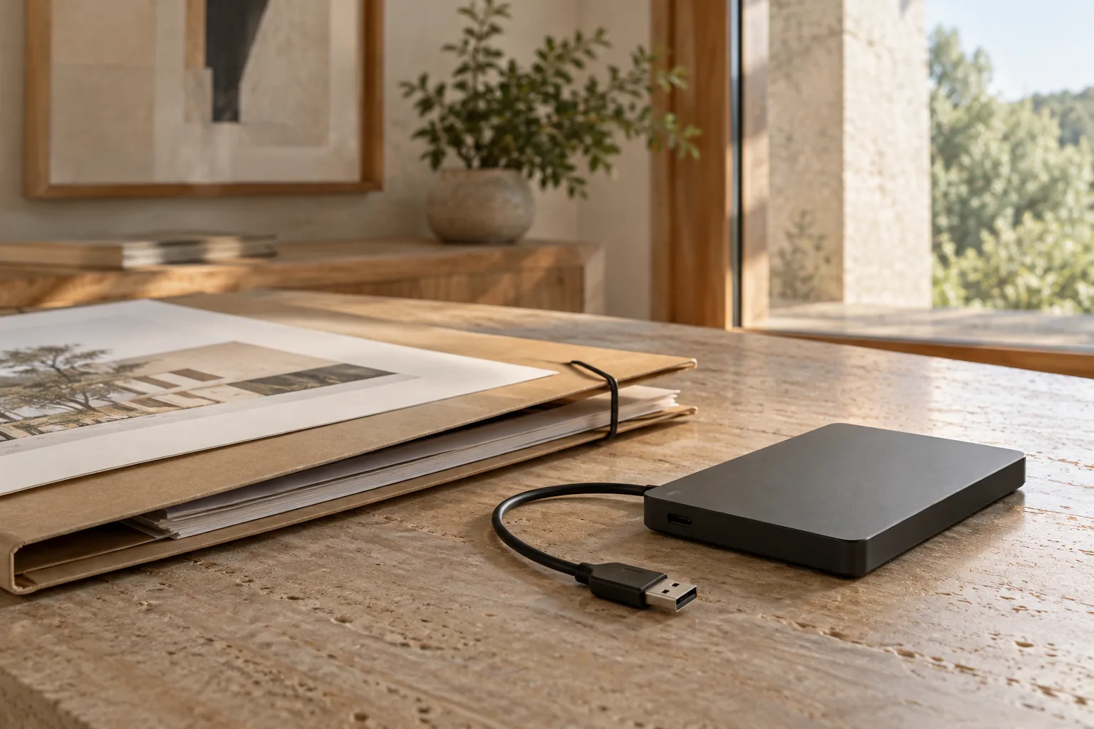 Disco externo de respaldo y cable desconectado junto a una carpeta de proyecto