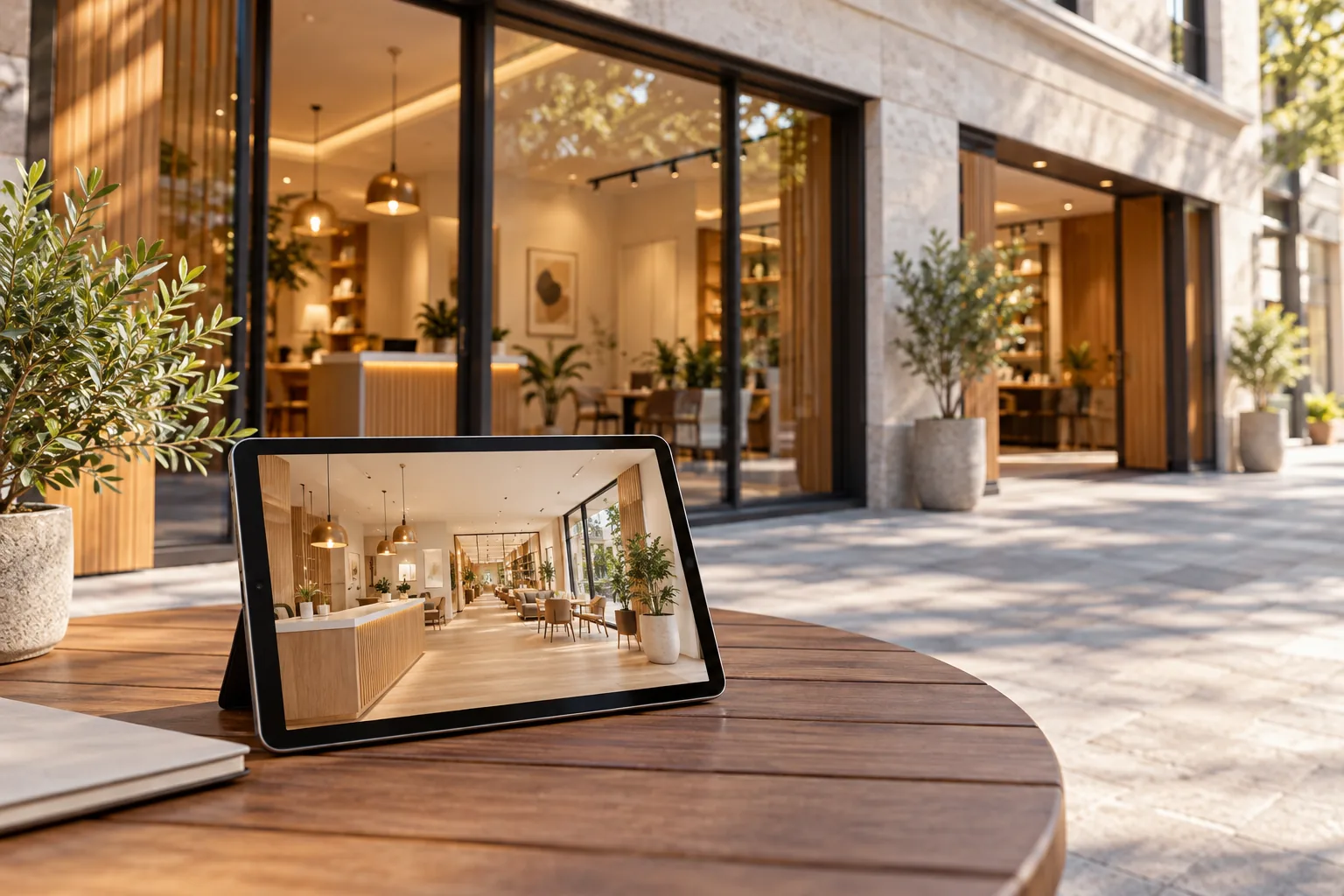 Fachada de un negocio y tableta con la vista de su interior sobre una mesa