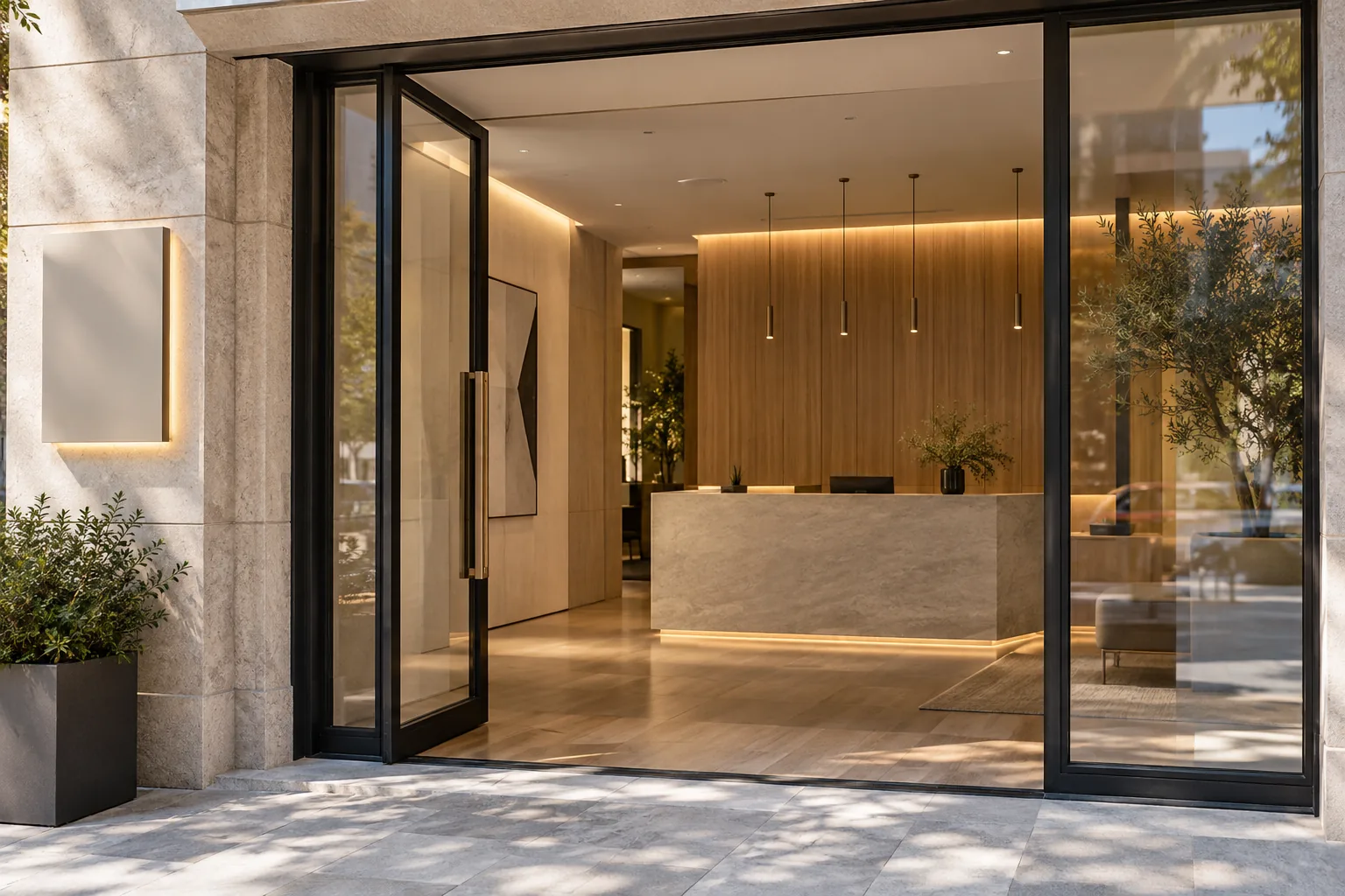 Acceso comercial con recepción visible desde la calle y fachada acristalada