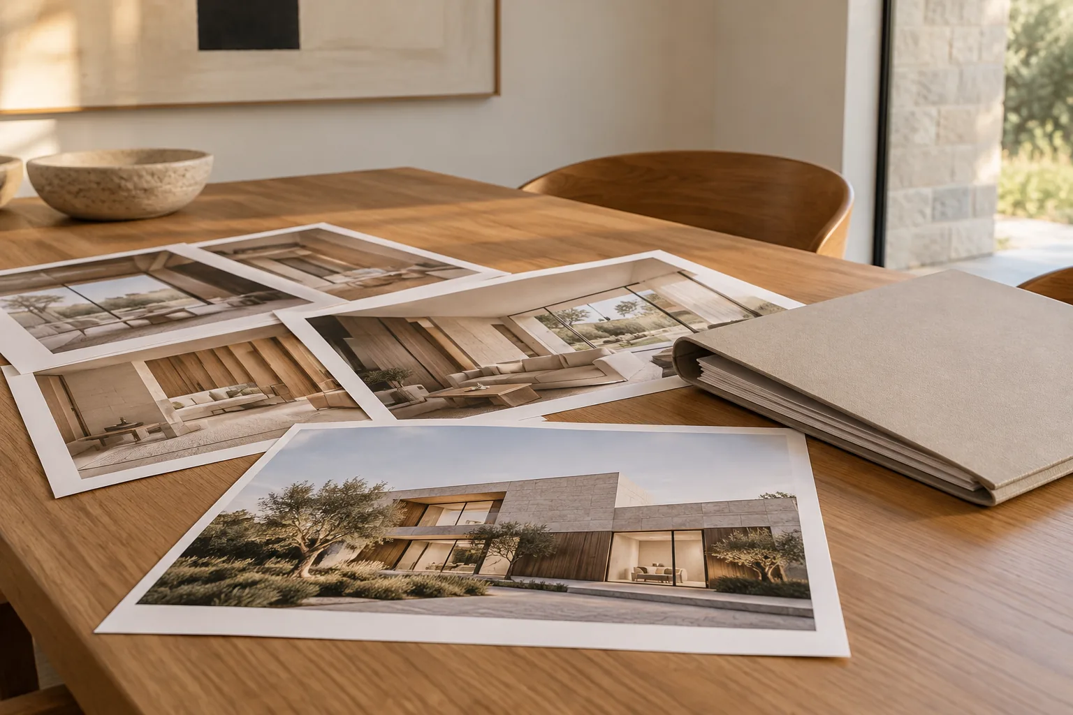 Mesa de revisión con fotografías de fachada e interior y una carpeta cerrada
