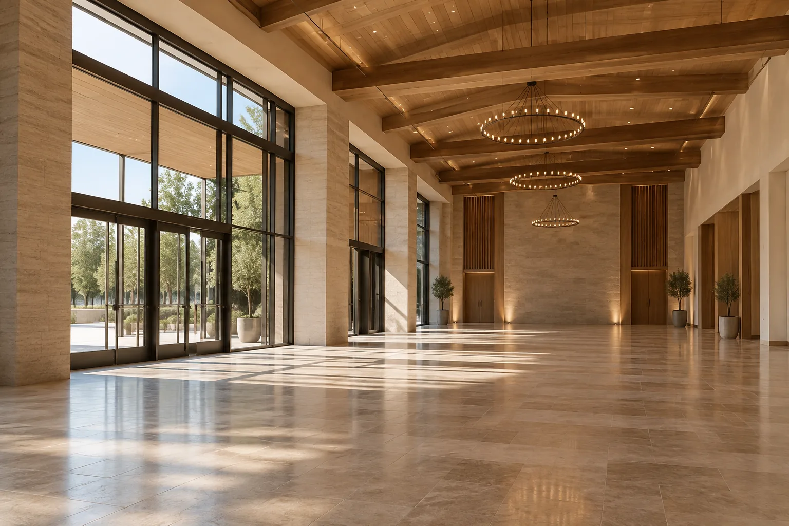 Salón de eventos vacío con acceso, altura y circulación claramente visibles