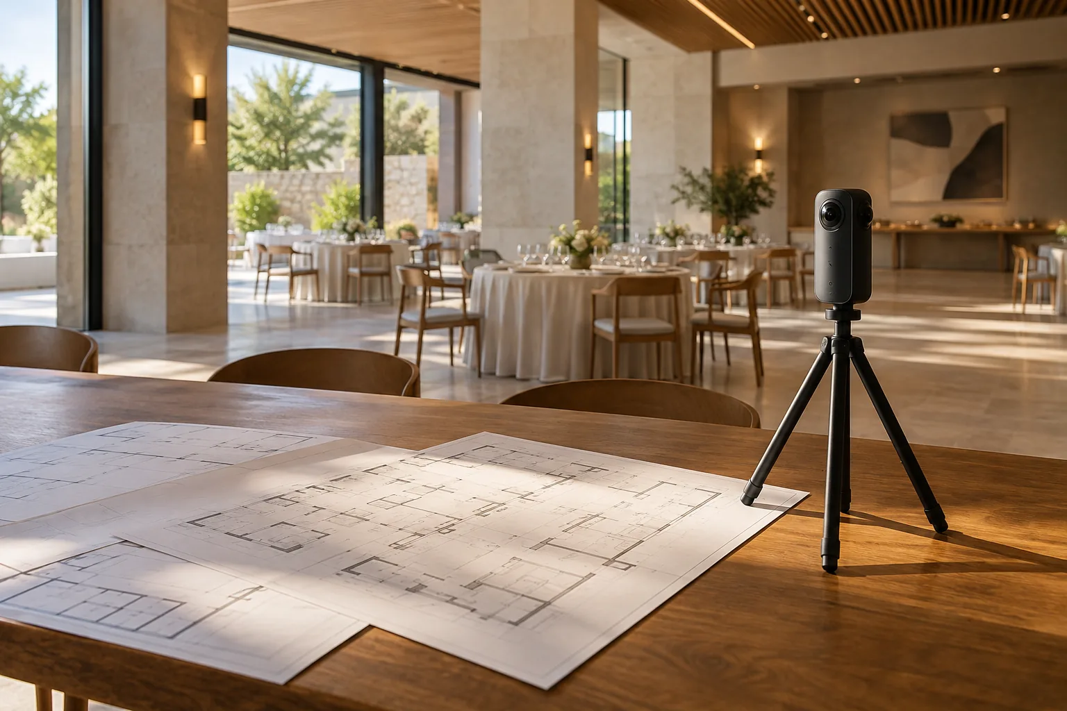 Plano de montaje y cámara panorámica sobre una mesa dentro de un salón de eventos