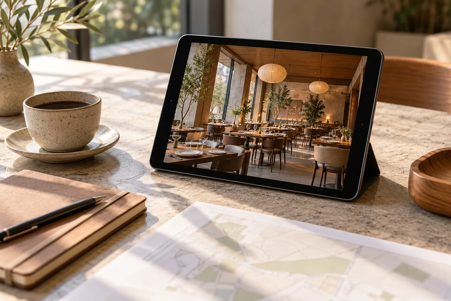 Tableta con un comedor de restaurante sobre una mesa preparada para planear una salida