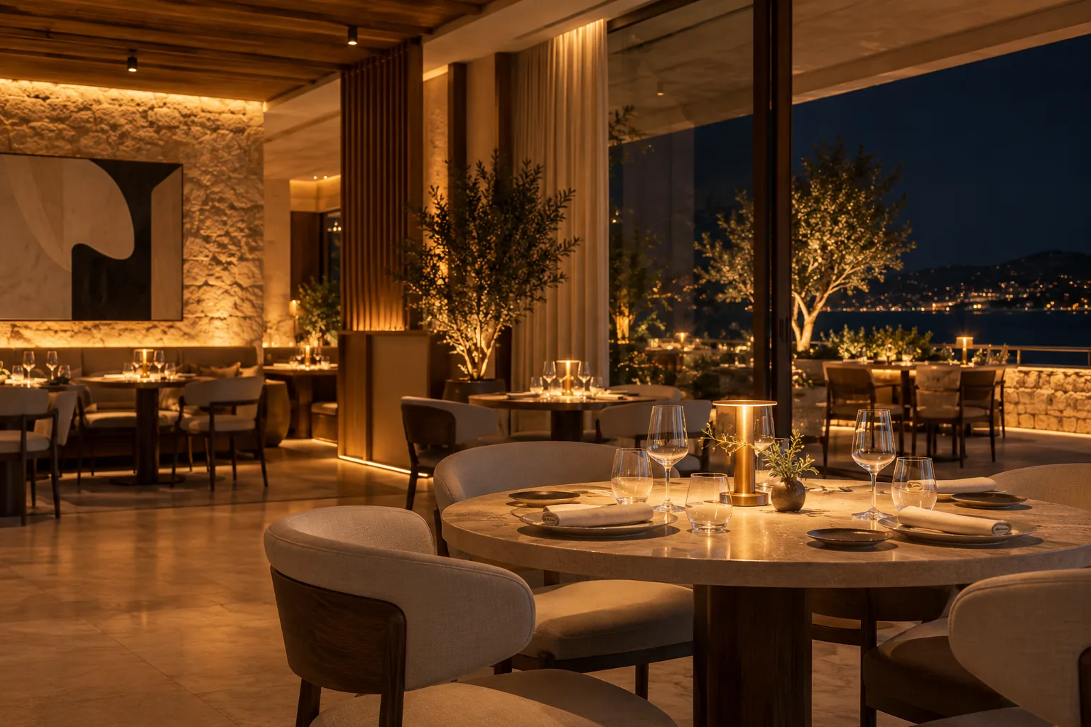 Restaurante de noche con iluminación cálida, mesas preparadas y terraza visible