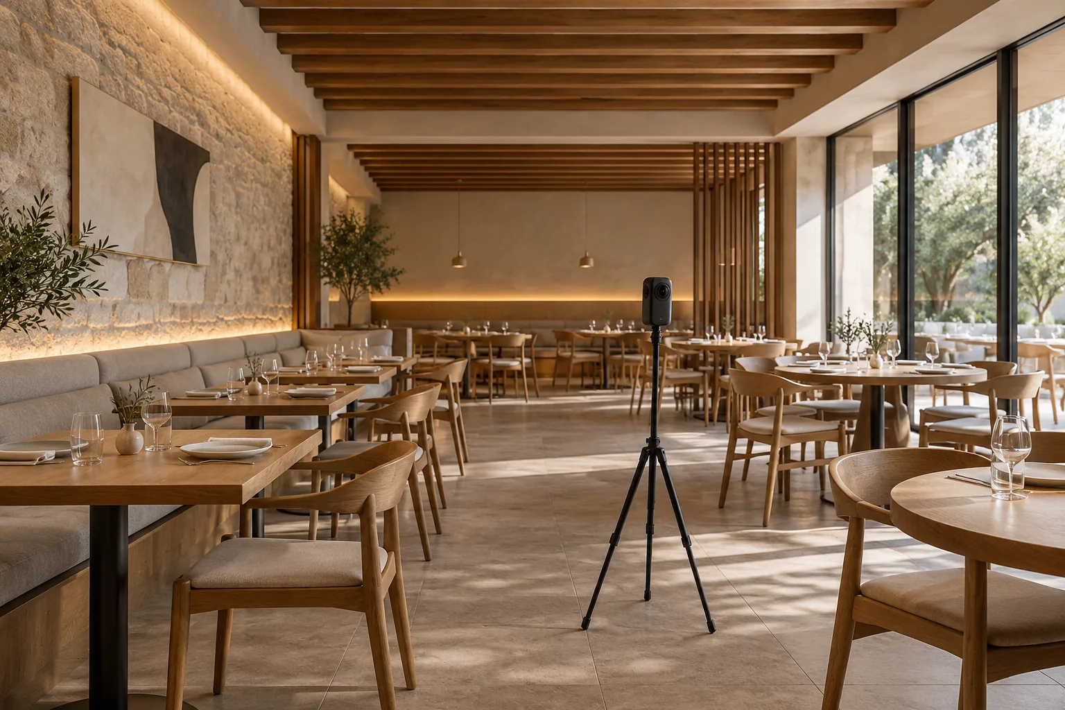 Cámara panorámica en el comedor de un restaurante sin clientes antes de la sesión