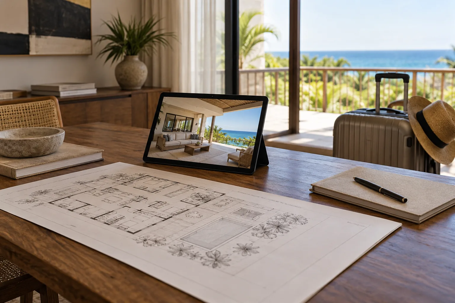 Escritorio inmobiliario con plano, tableta con una propiedad y equipaje de viaje al fondo