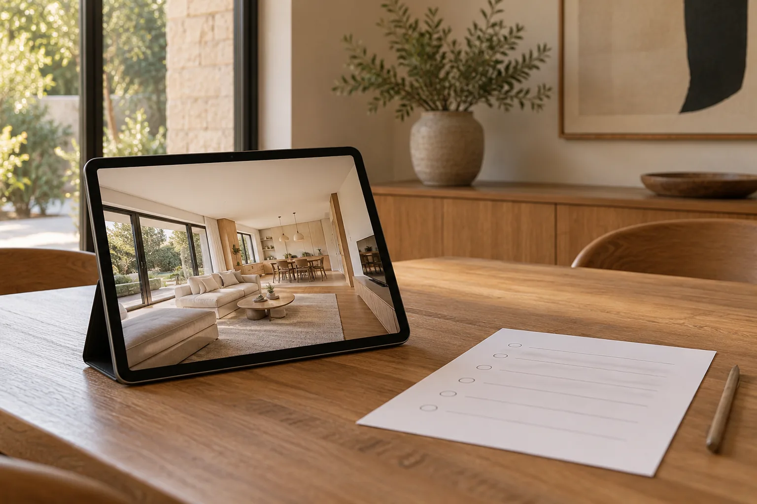 Tableta con el interior de una vivienda junto a una hoja de preguntas sin texto legible