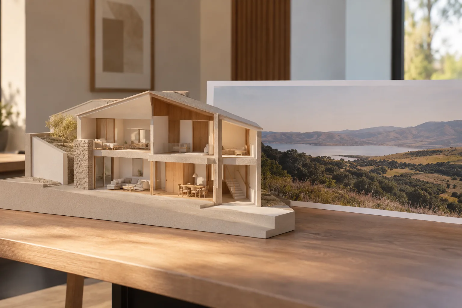 Maqueta de una vivienda abierta en sección junto a una fotografía panorámica de paisaje