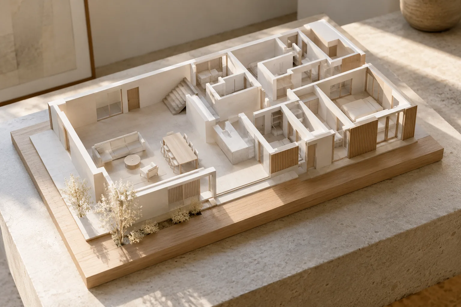 Modelo blanco de planta residencial con volúmenes y circulaciones claramente visibles