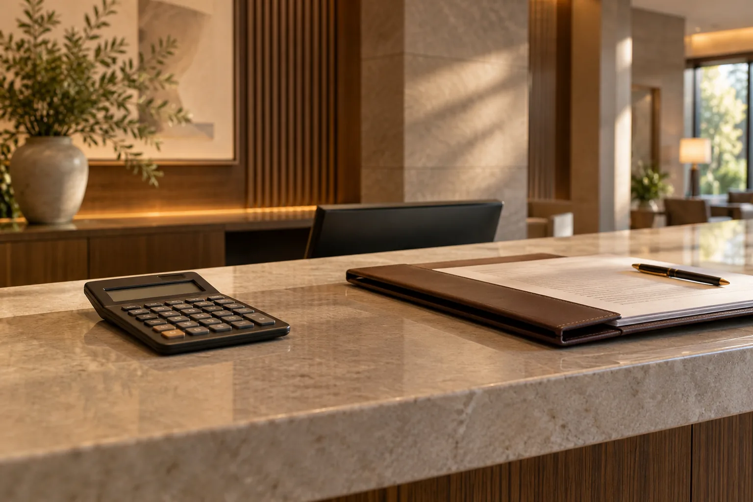 Calculadora y carpeta de reservas sin cifras legibles sobre un mostrador de hotel