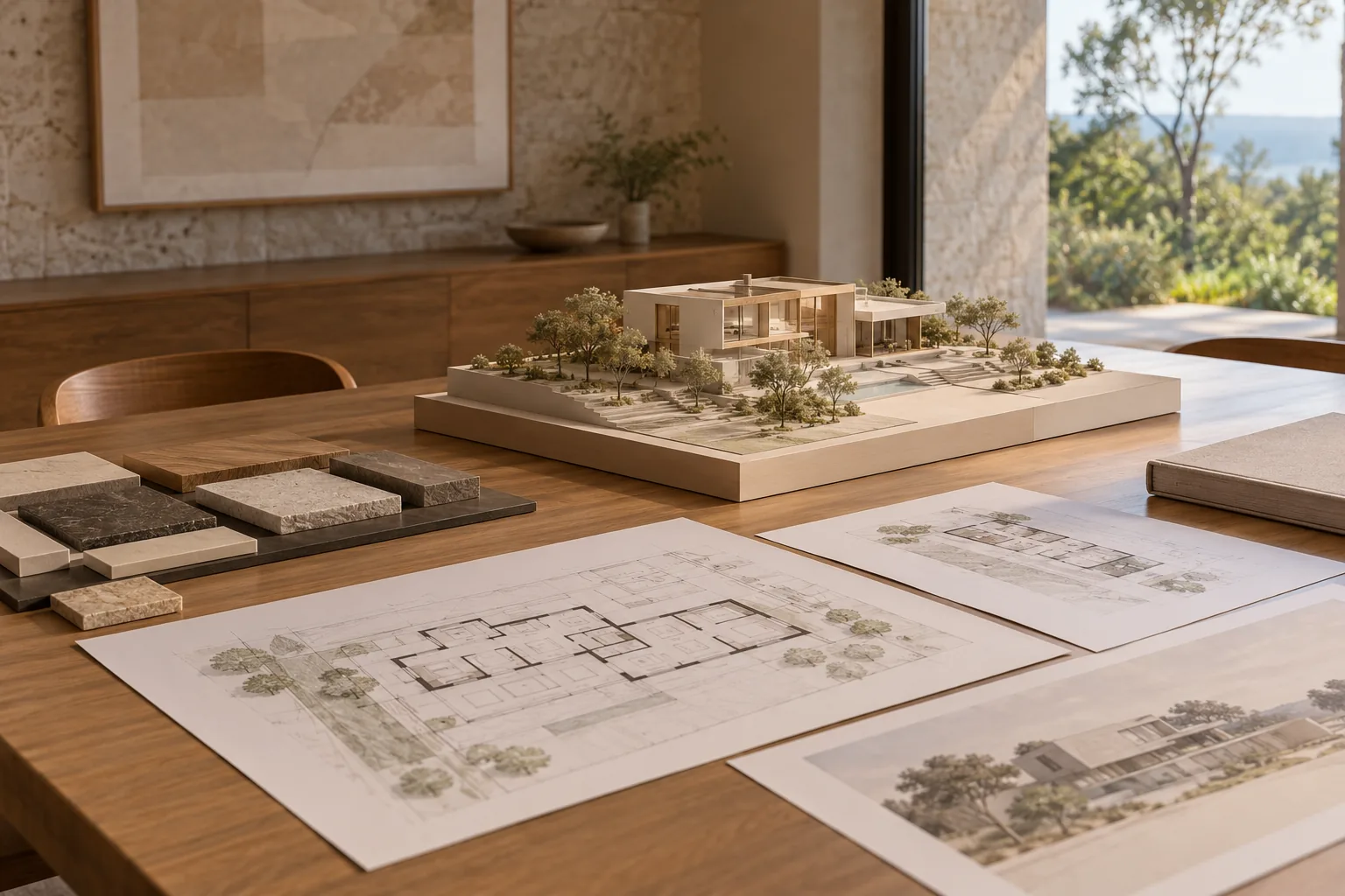 Plano residencial y maqueta de proyecto sin construir sobre una mesa de presentación