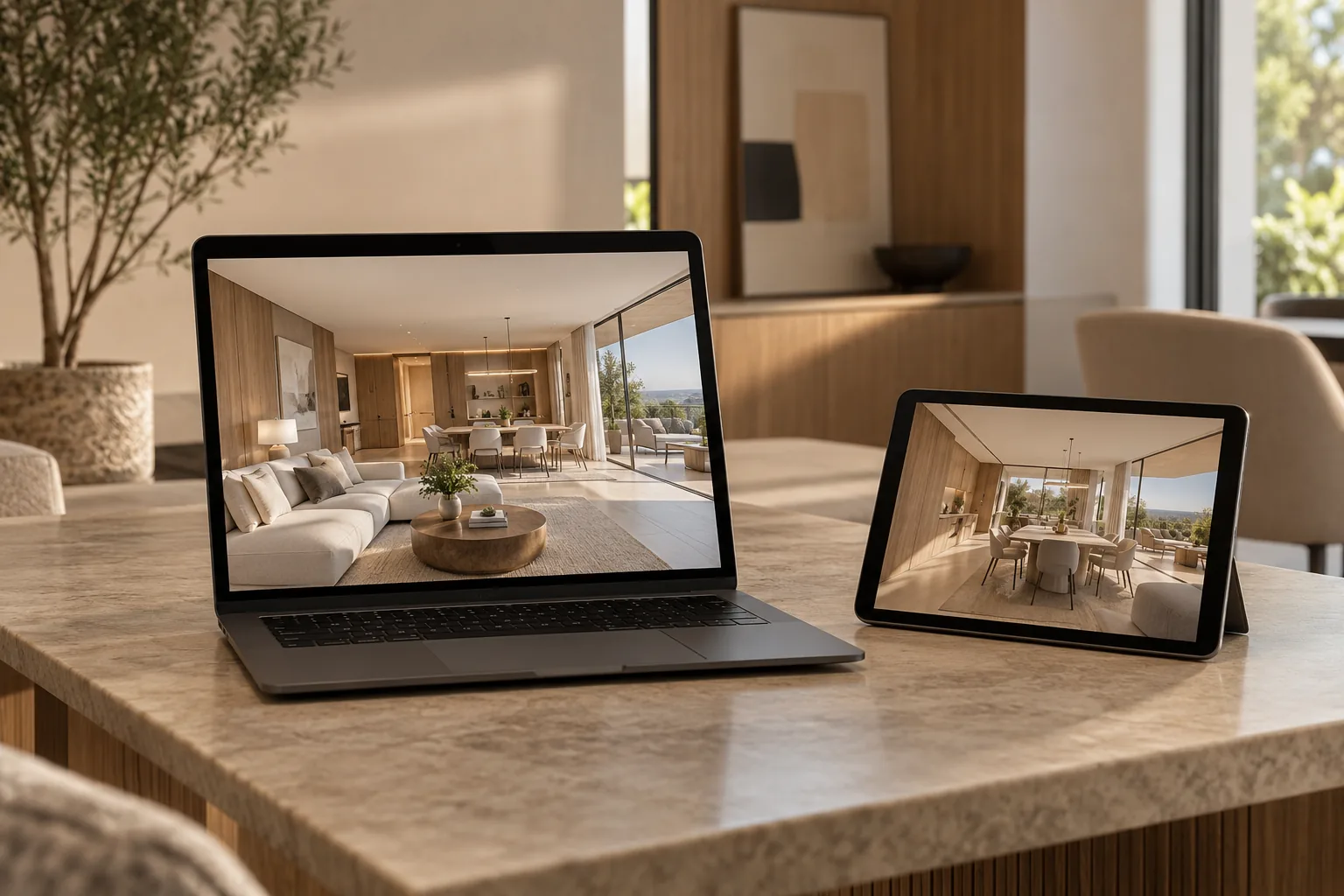 Computadora y tableta con un departamento muestra sobre una mesa de presentación