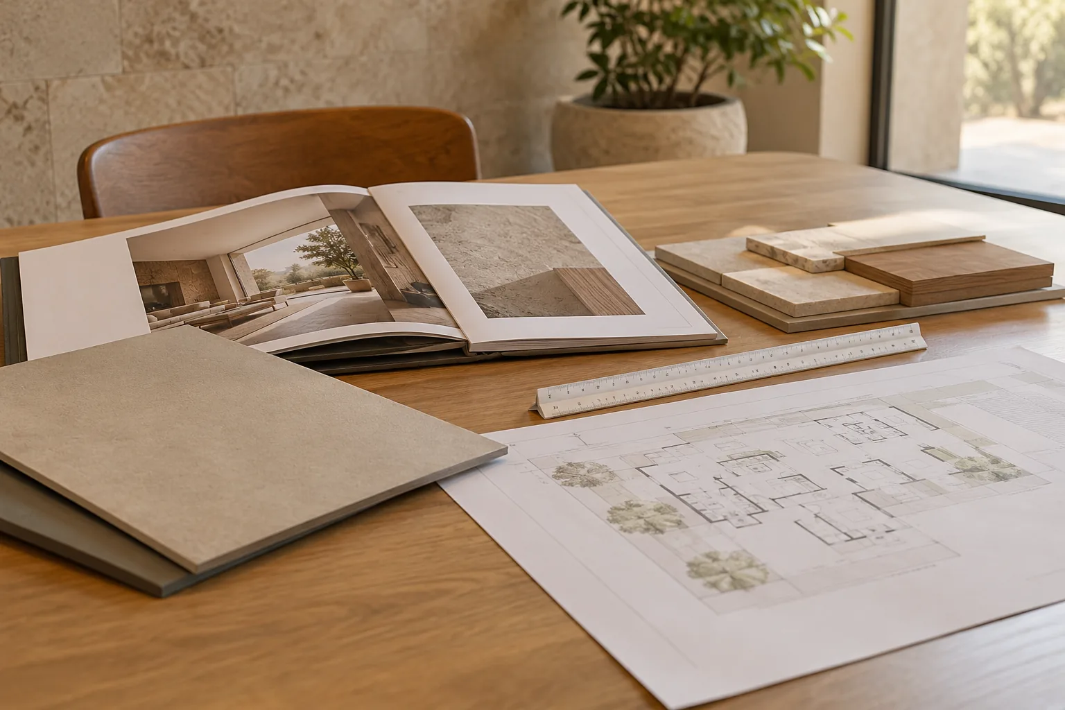 Carpetas de presentación, plano y materiales de referencia sobre una mesa sin texto comercial legible