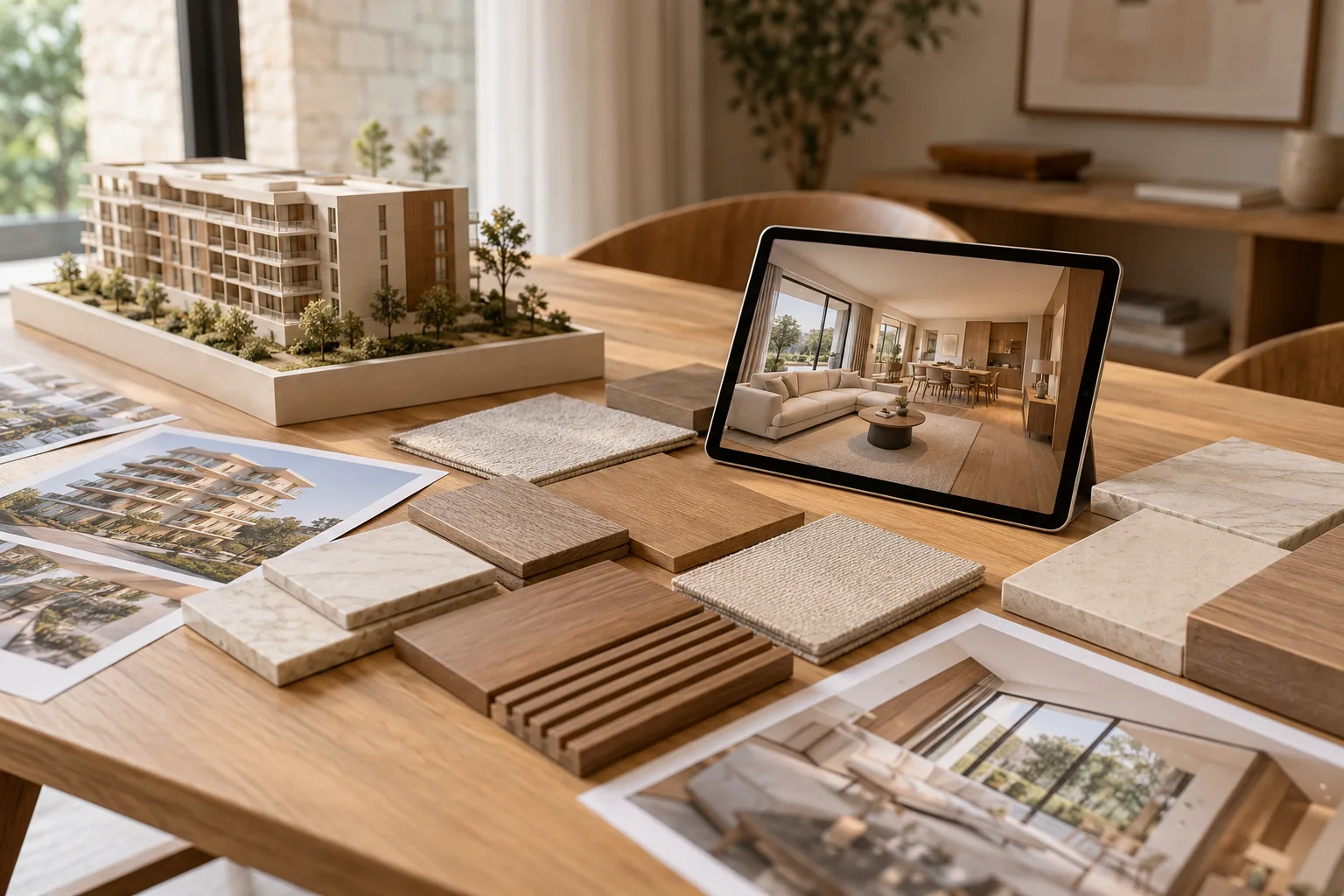 Maqueta, fotografías de arquitectura y tableta con un interior ordenadas en una mesa