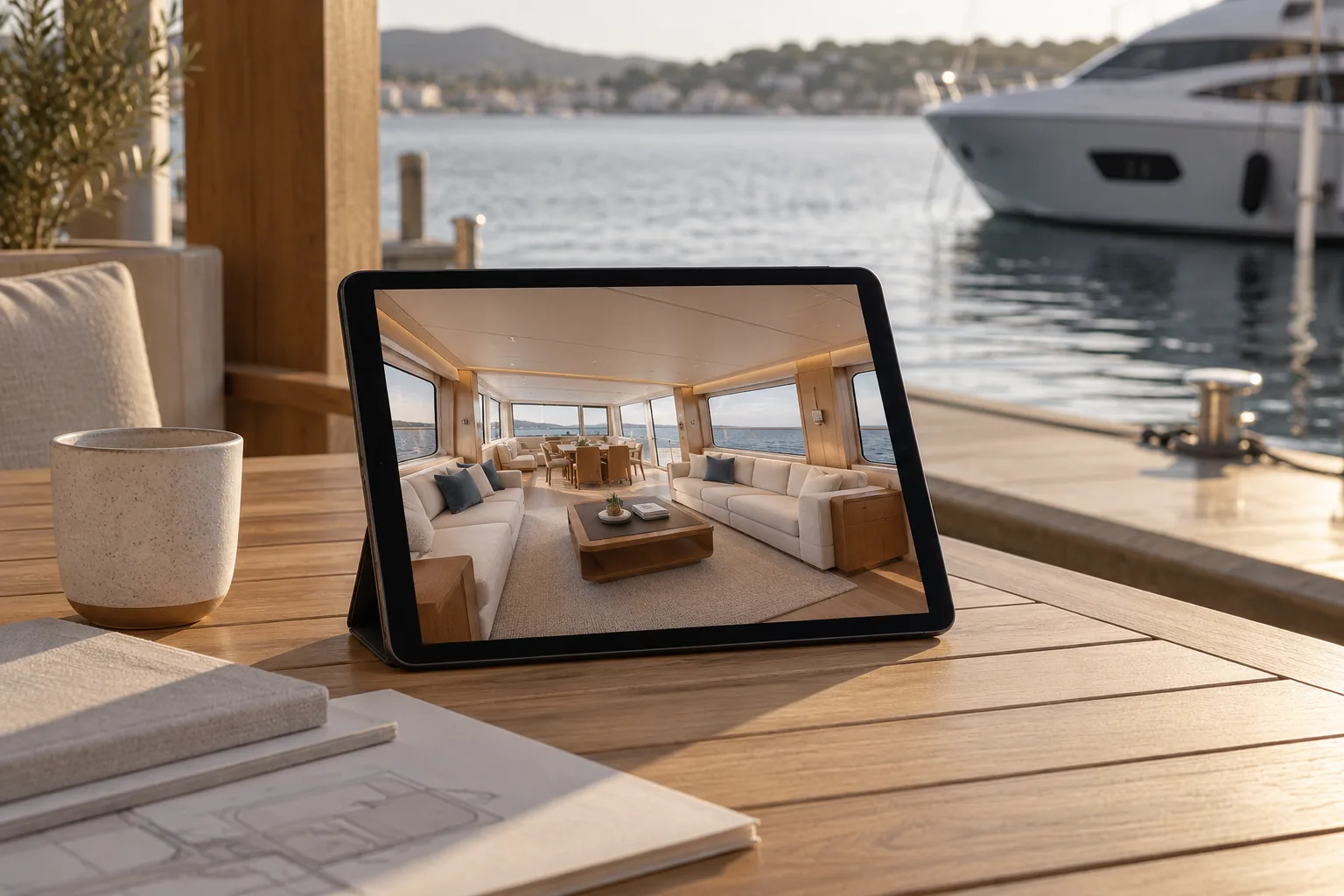 Tableta con el salón interior de una embarcación sobre una mesa junto al muelle