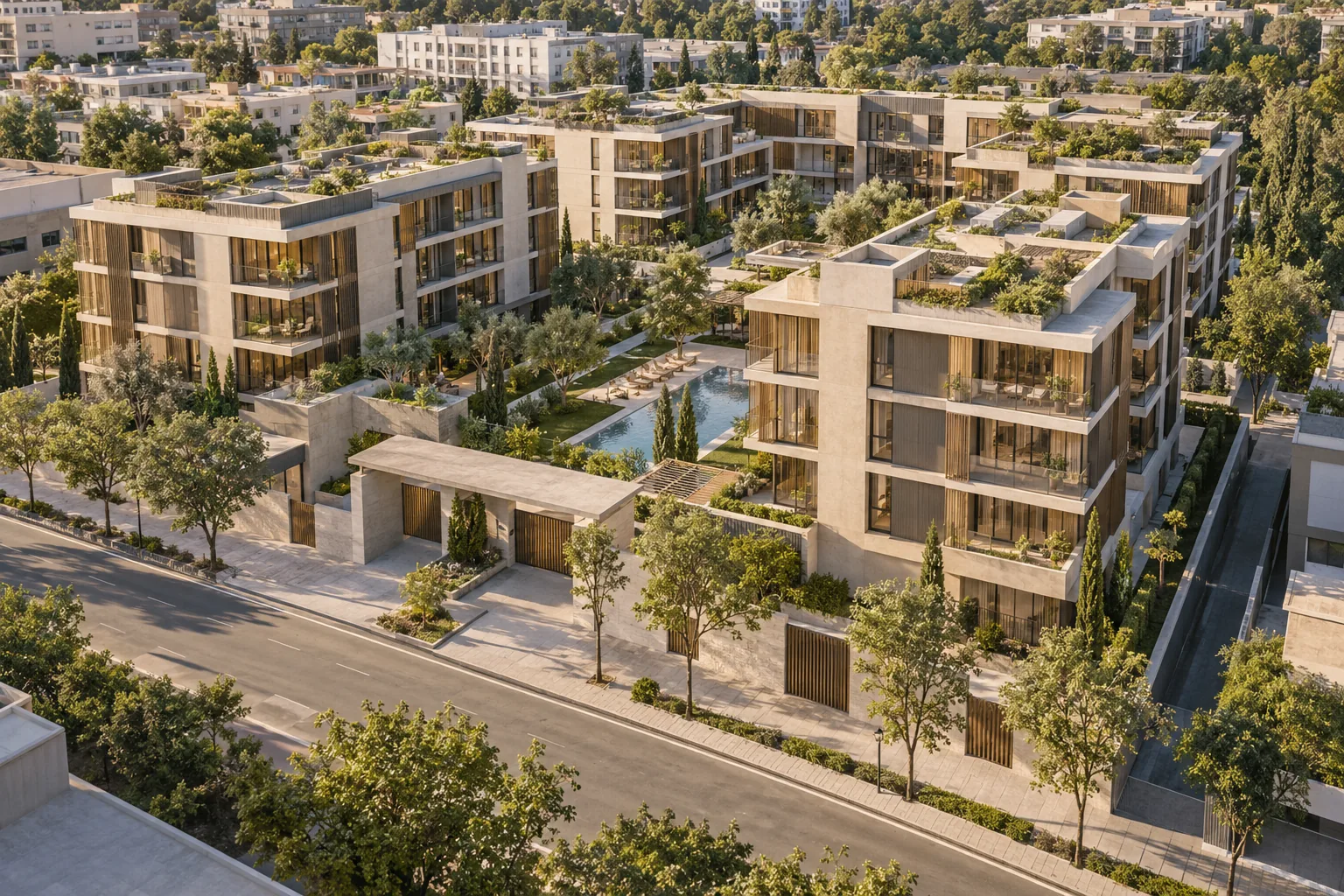 Vista aérea oblicua de un conjunto residencial con acceso, patios y contexto urbano visibles
