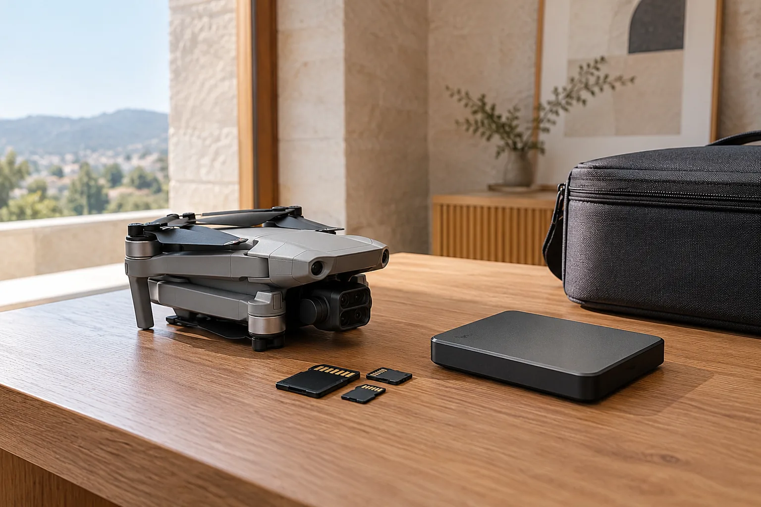 Dron plegado, tarjetas de memoria y disco de respaldo sobre una mesa de producción