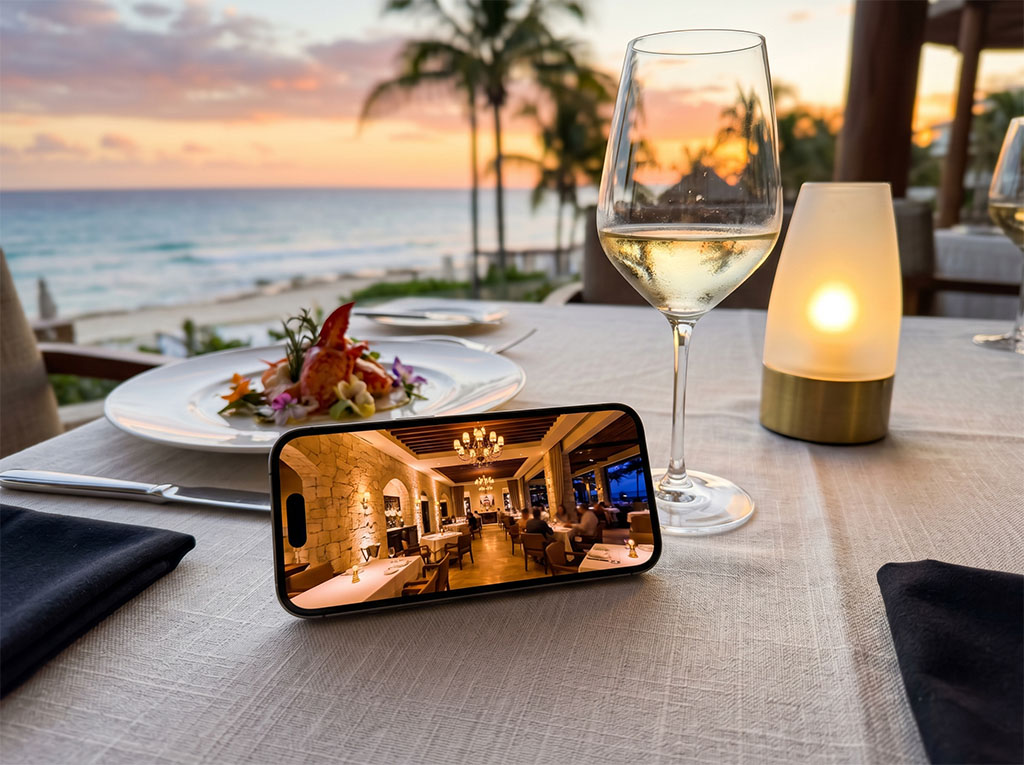 Interior de restaurante de lujo en Cancún capturado en 360° para Google Maps y reservas directas