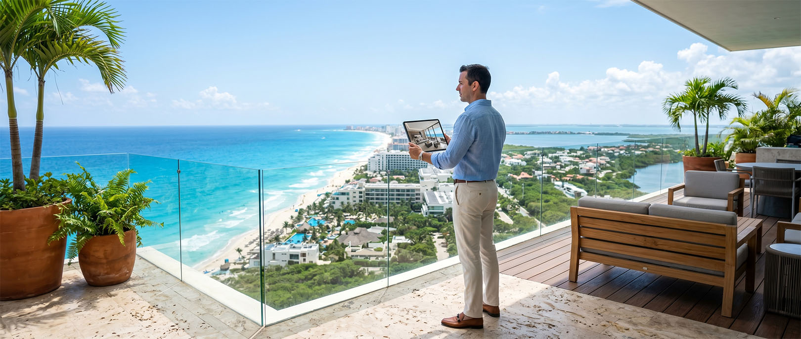 Real estate broker presenting a Riviera Maya property through a 360-degree tour