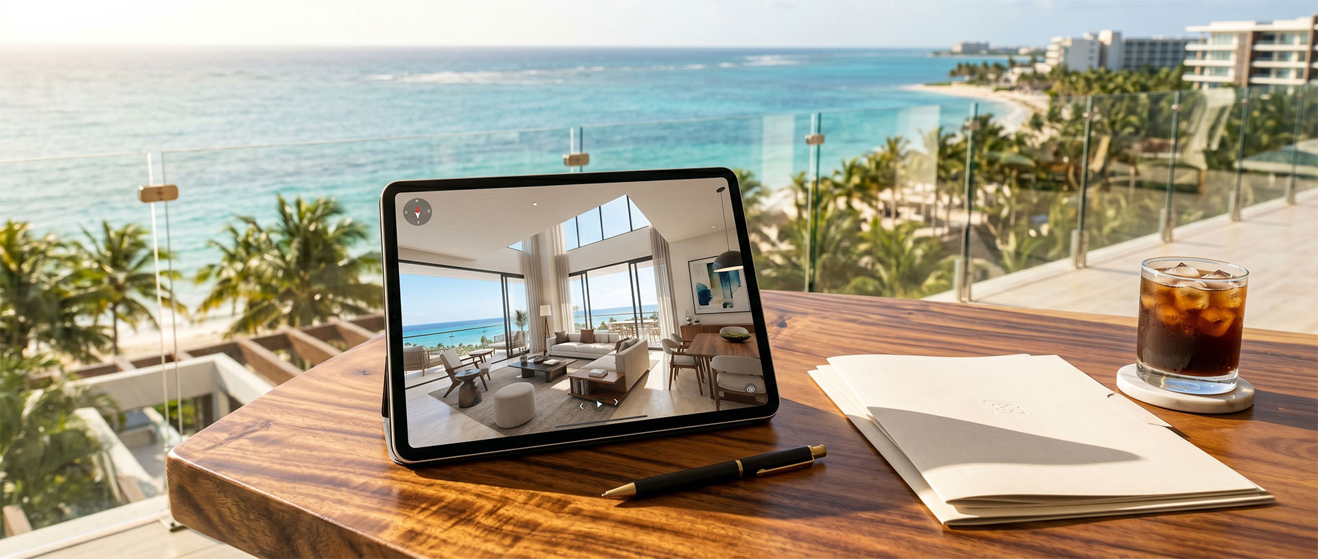 International buyer reviewing a pre-construction real estate presentation remotely
