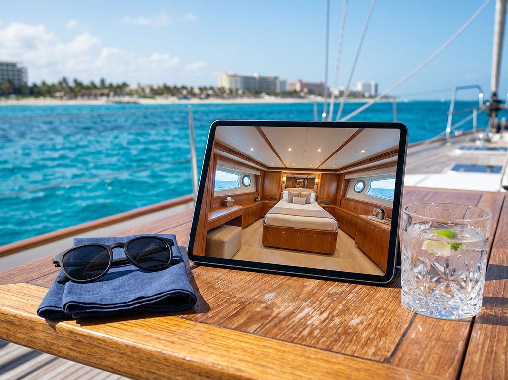 Yate de lujo en marina Cancún capturado en tour virtual 4K HDR