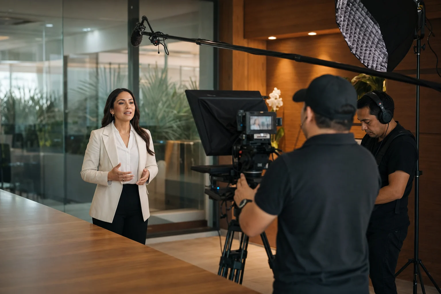 Producción de video corporativo con cámara, teleprompter, audio e iluminación profesional