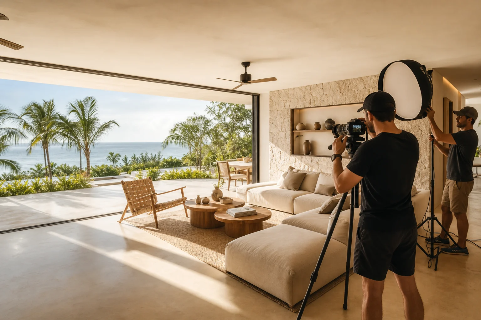 Equipo audiovisual fotografiando una villa premium para web y Airbnb