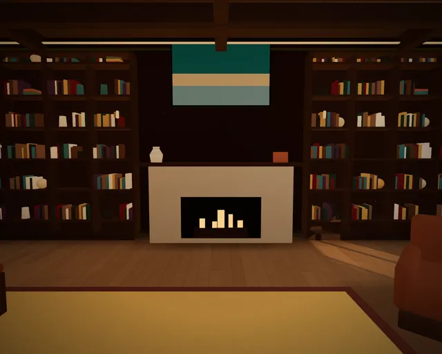 La biblioteca: libreros de piso a techo y chimenea