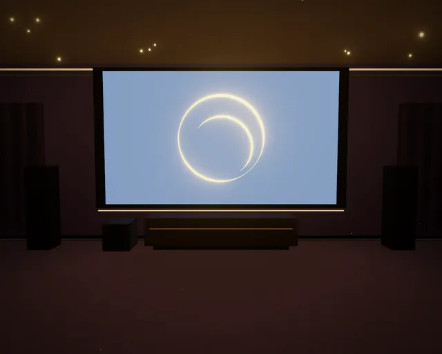 El cine en casa: pantalla con el isotipo y butacas