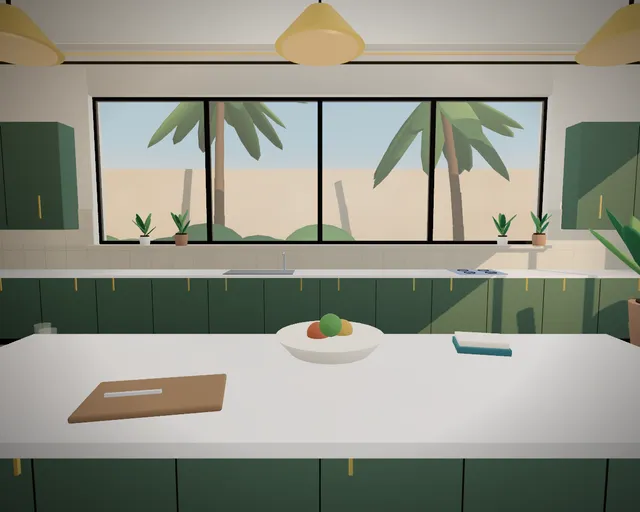 La cocina: isla de mármol, gabinetes verdes y ventanal
