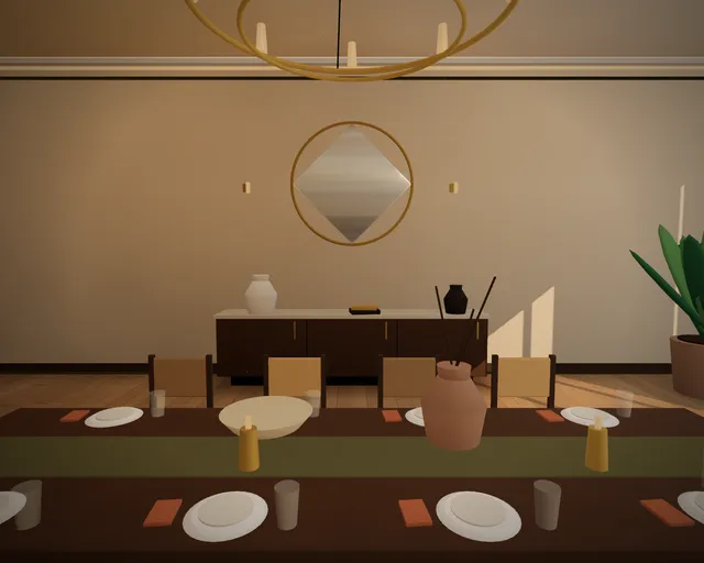 El comedor: mesa larga de nogal con candelabro de latón