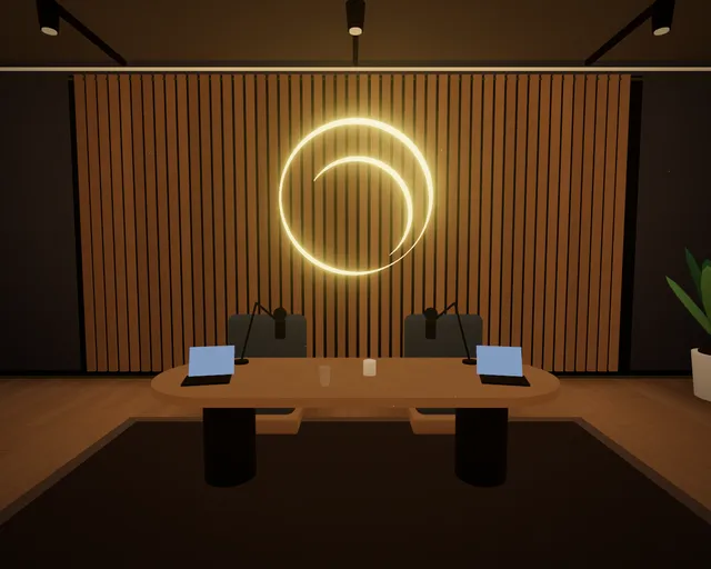 El estudio de grabación: set de podcast con el isotipo en neón