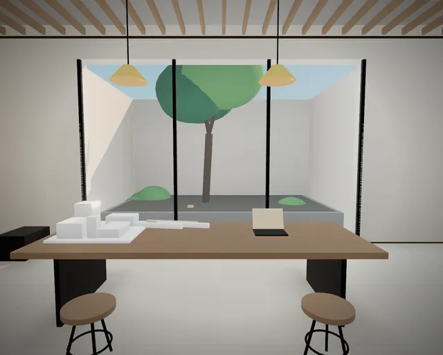 La galería: fotografías, maqueta y patio con árbol