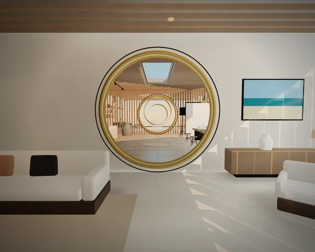 La sala: sofá, librero de piso a techo y ventanal con lamas